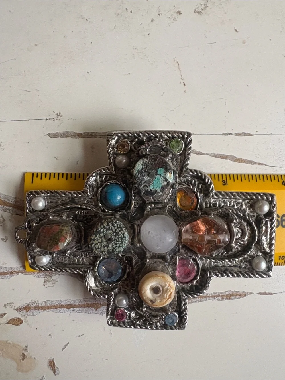 Vintage Multi-Stone Ornate Cross Belt Buckle - Silver-Tone 3.5in x 3 in